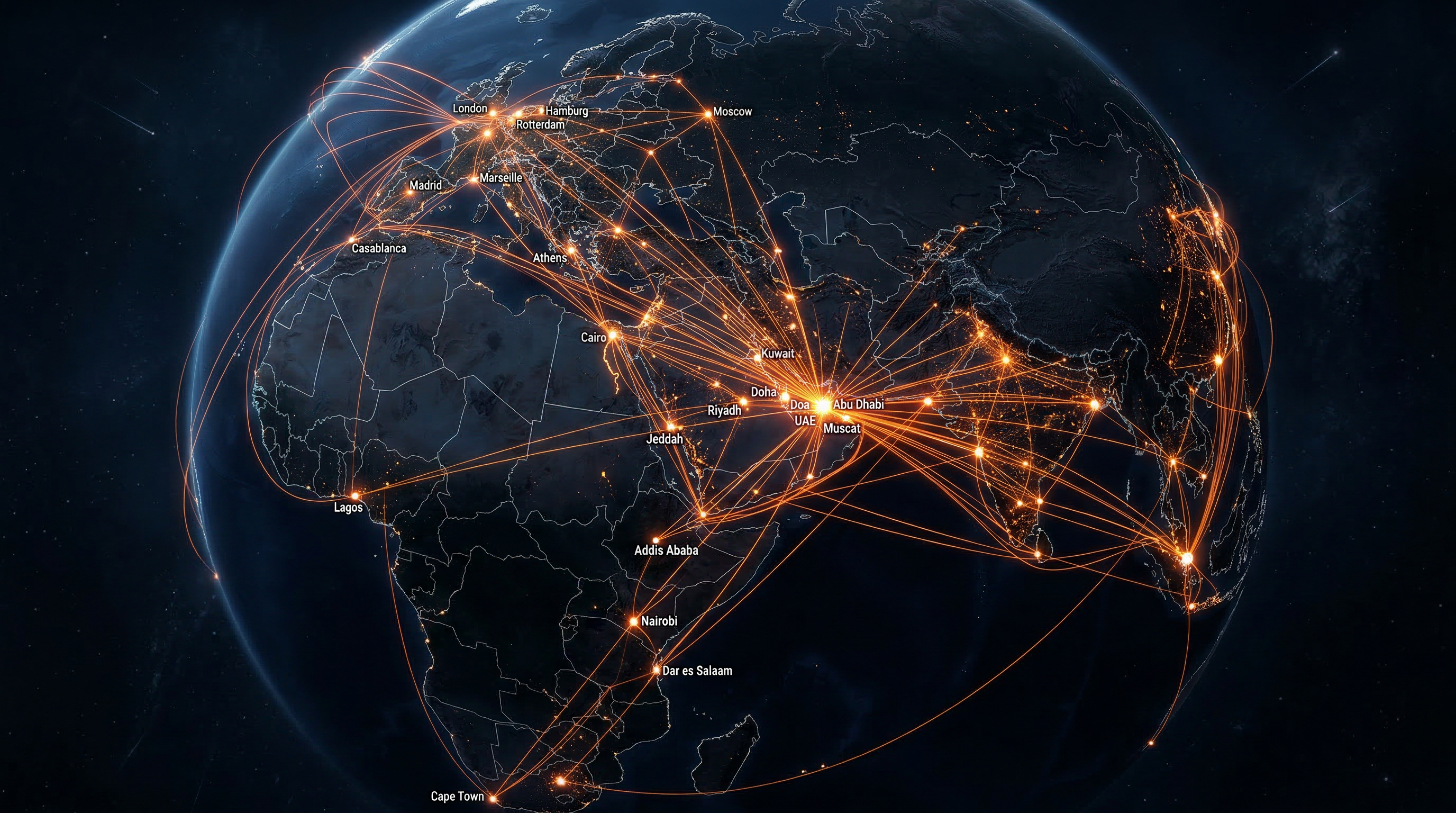 Global logistics network map showing trade routes connecting Middle East, Africa, and Europe